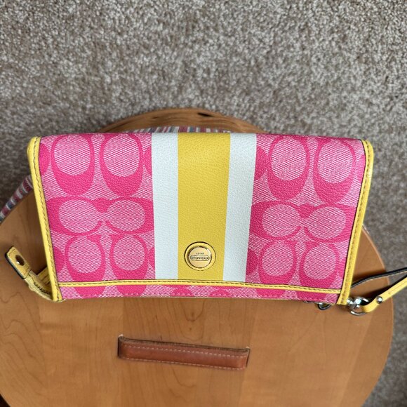 Coach Pink Signature C's w/White & Yellow Stripe & Yellow Trim Wristlet/Wallet - Picture 1 of 10